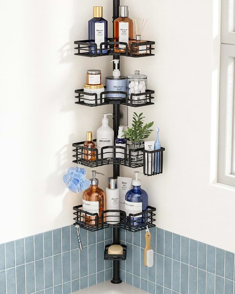 SWTYMIKI Shower Caddy Tension Pole - 4-Tier Corner Shower Organizer Tension Rod with Soap Holder, Toothbrush Holder & 4 Hooks, Adjustable Stainless Steel Bathroom Organizer 27.6 to 108.3 inch, Black