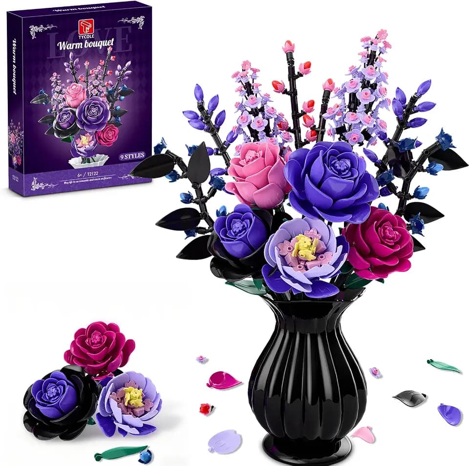 Flowers Bouquet Building Set - Purple Roses Botanical Collection Building Blocks for Adult Women, Artificial Flowers Gothic Home Decor Mother's Day Birthday Gift for Adults Kids Girls 6-12 (806PCS)