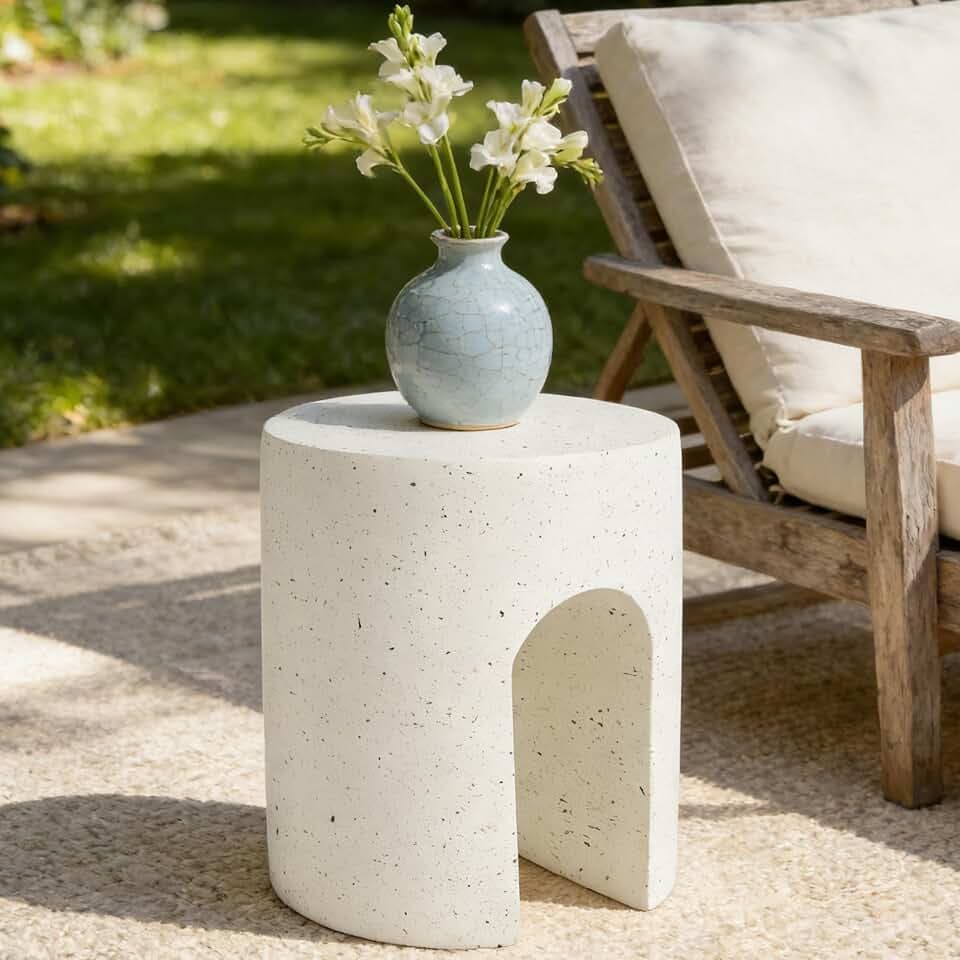 Christopher Knight Home Traver Lightweight Concrete Outdoor Coffee Table, Small Side Table for Patio Furniture Set, MGO Round End Table for Patio/Deck/Garden, No Assembly Required, White