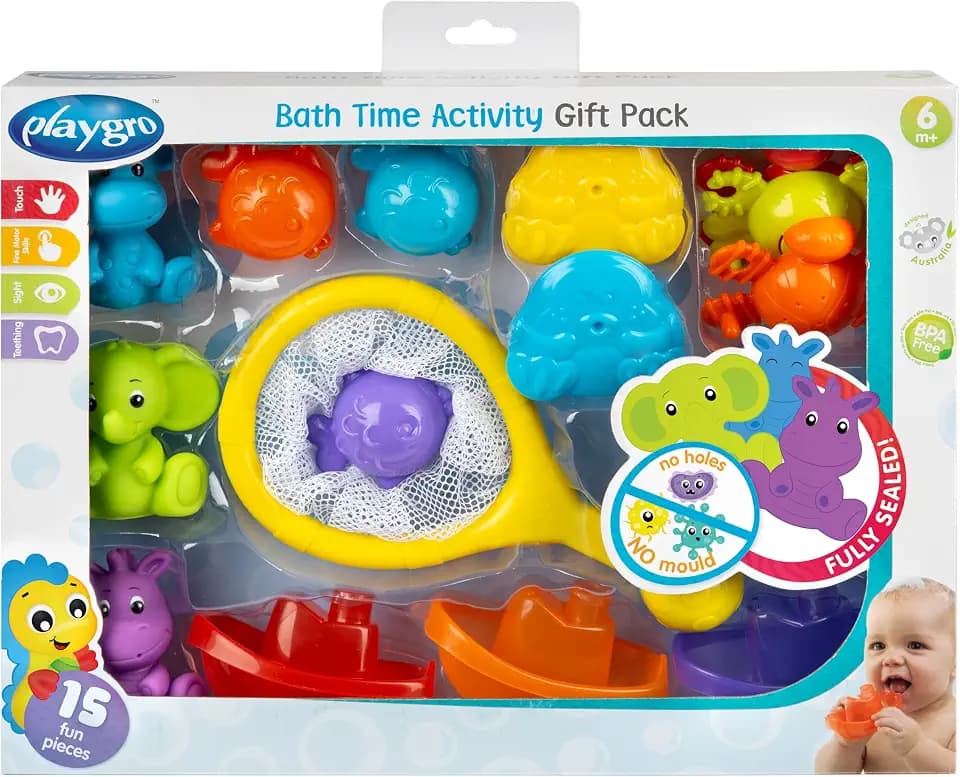 Playgro Bath Time Activity Gift Pack, 15-teilig, Badebox für Babys, Aufbewahrungsnetz, Tiere und Boote, Geschenk ab 6 Monaten