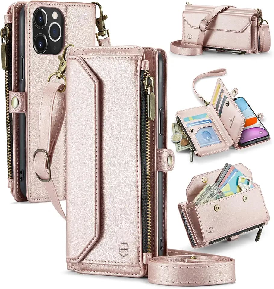 Strapurs for iPhone 11 - Zipper Strap Wallet Case for Women, Rose Gold