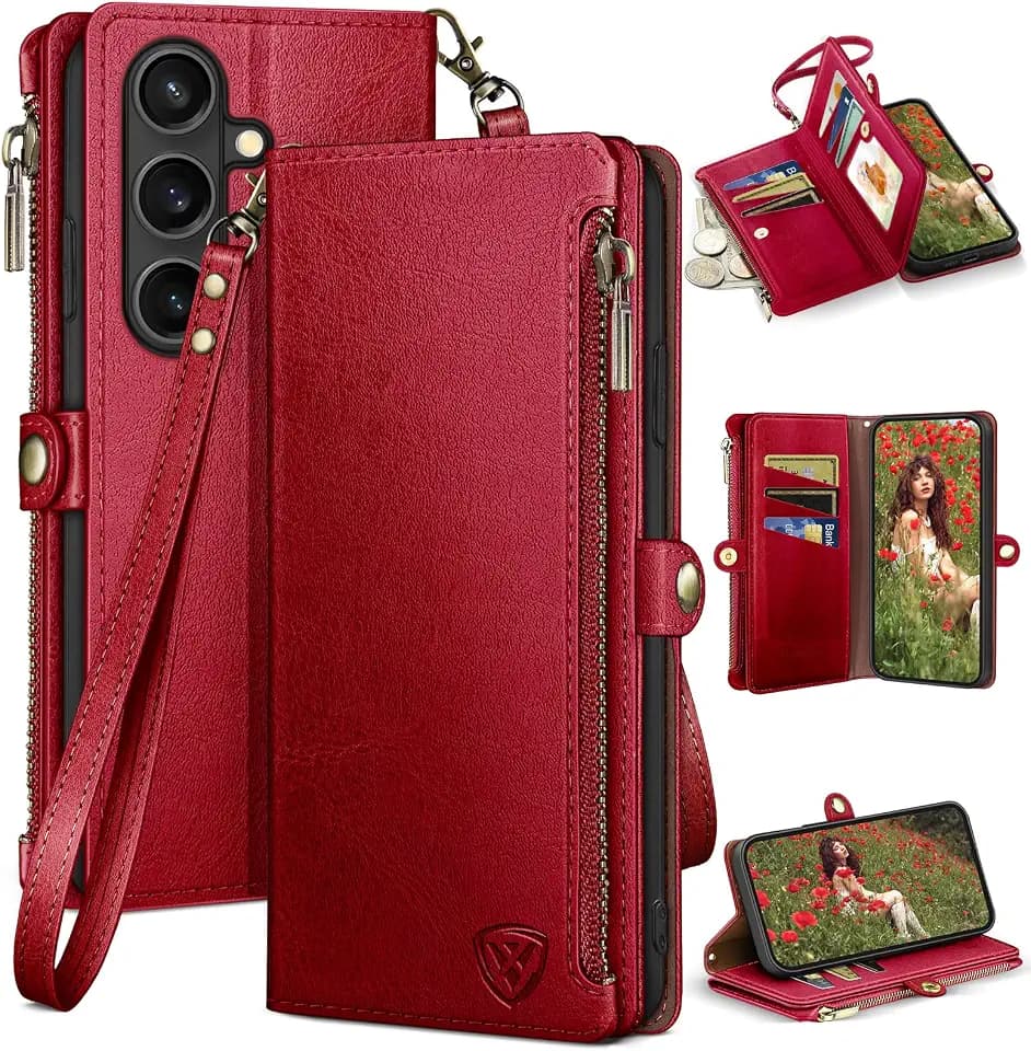 XcaseBar compatible with ‌Samsung Galaxy S26 Plus Wallet case with Zipper Credit Card Holder【RFID Blocking】,Flip Folio Book PU Leather Phone case Shockproof Cover Women Men for SamsungS26Plus case Red