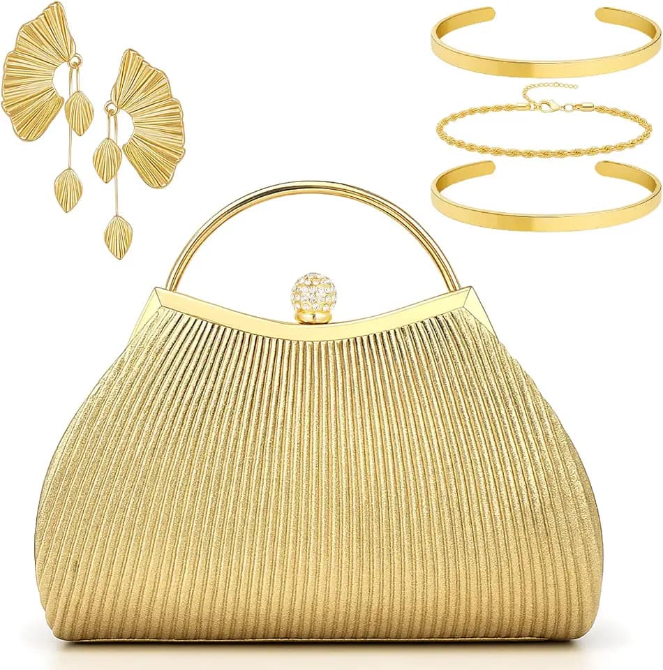 Quelay 3 Pcs Gold Clutch Purses Set for Women, Evening Bag & Jewelry Set, Formal Gold Handbag for Christmas, Wedding, Prom & Party