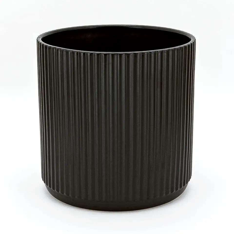 Amazon Basics Fluted Ceramic Planter Pot for Indoor Outdoor Plants, Round Flower Pot with Drainage Hole, 10-inch, Black