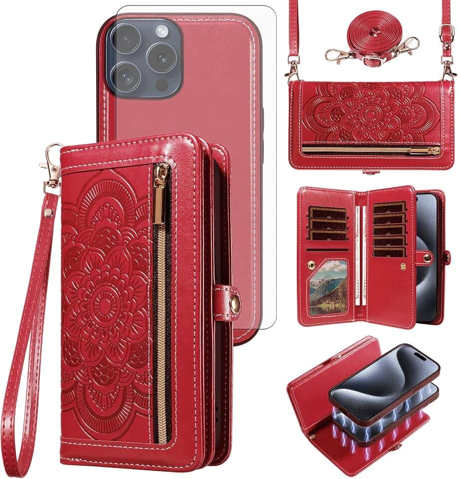 Asuwish Phone Case for iPhone 15 Pro 6.1 inch Zipper Wallet Detachable Cell Cover with Tempered Glass Screen Protector Wrist Strap Mandala Flower Credit Card Holder i Phone15 i15 15Pro Women Men Red