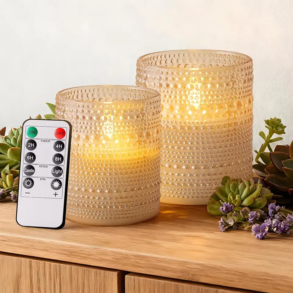 Gold Dotted Glass Real Wax Flameless Battery-Operated LED Pillar Candles