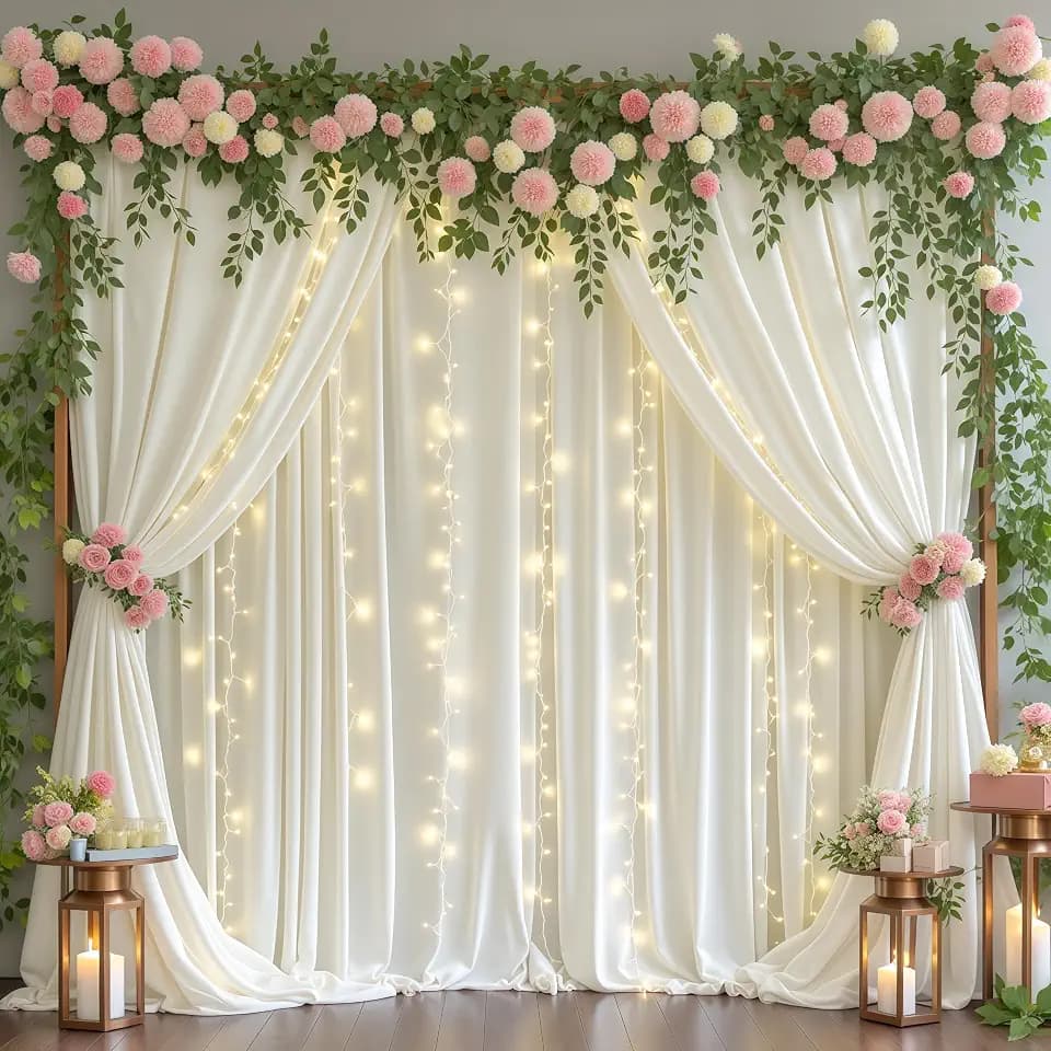 Cream White Backdrop Curtains with Lights for Wedding Parties,10x10FT Wrinkle Free Photo Backdrop Curtains Fabric Drapes for Baby Shower Ceremony Photography Photoshoot Decorations-5ft x 10ft 2 Panels