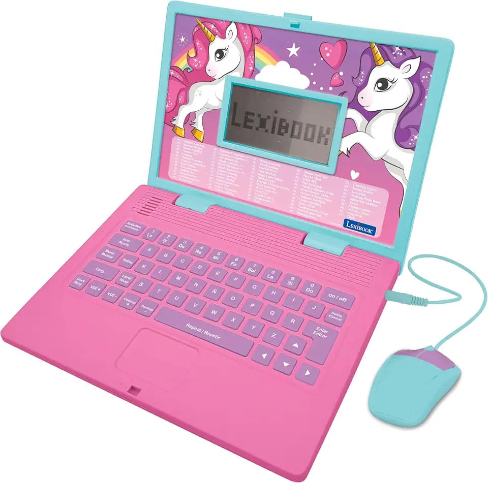 LEXIBOOK, Einhorn JC598UNIi2 Lerncomputer zweisprachig in Englisch/Spanisch für Kinder mit 124 Aktivitäten zum Lernen, Spielen und Hören von Musik, Rosa