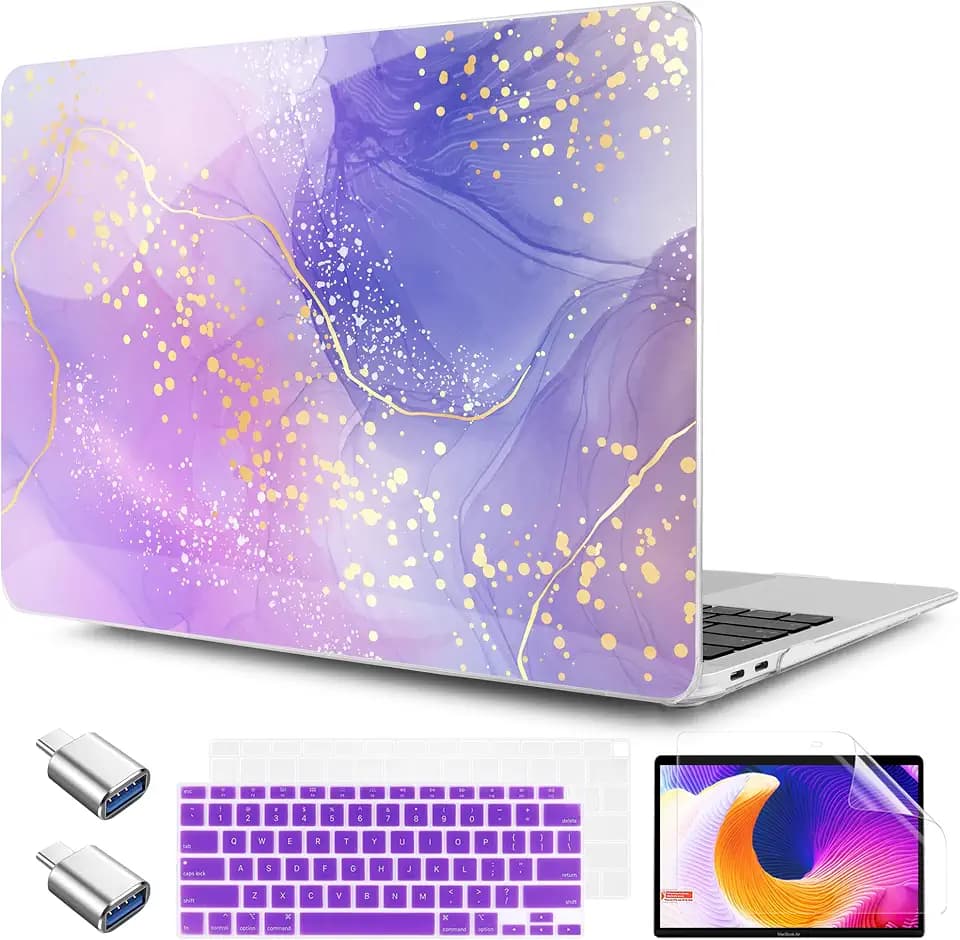 TWOLSKOO for MacBook Air 13.3 inch Case 2021 2020 2019 2018 Release M1 A2337 A2179 A1932 with Touch ID, Plastic Hard Shell Case & Keyboard Cover & Type C Adapter, Lavender Liquid Marble