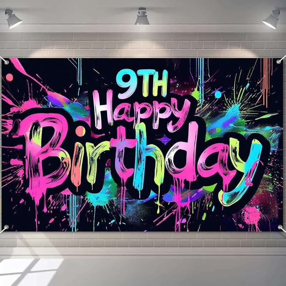 HOMETITUTE Neon 9th Birthday Banner Backdrop Decorations 71x43 Inch