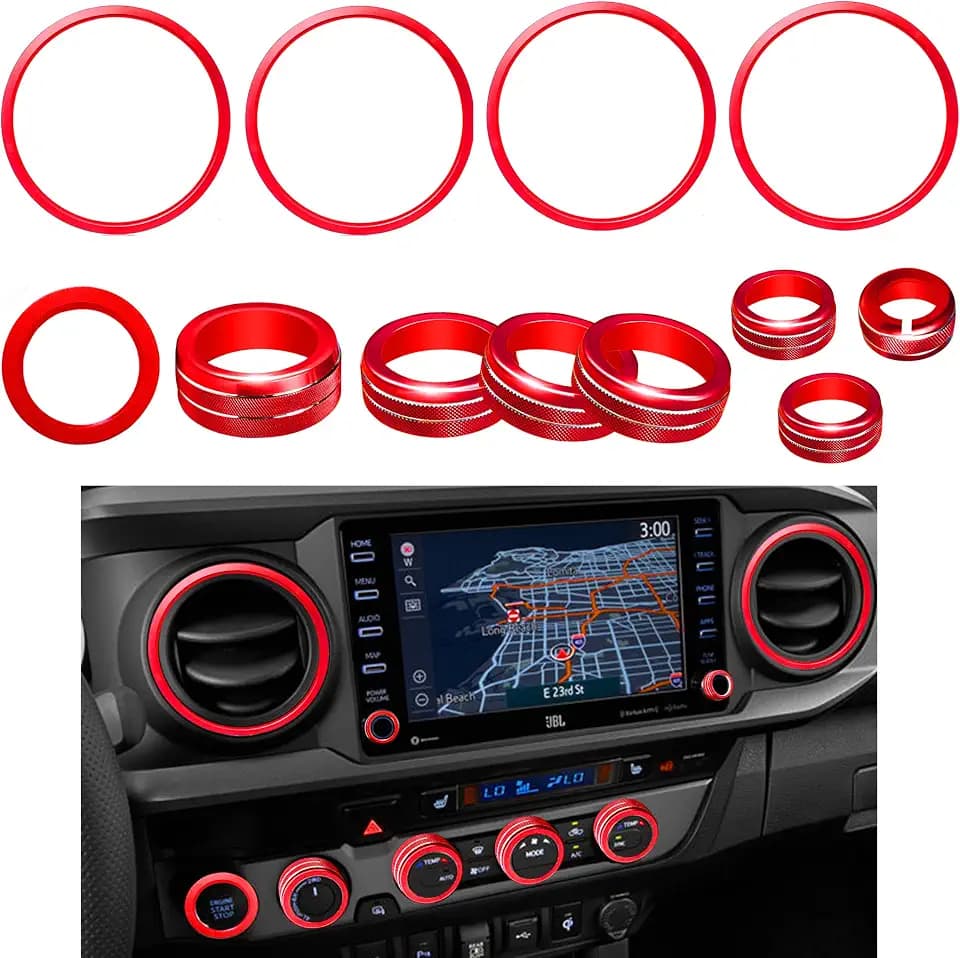 for Toyota Tacoma Accessories 2023 2022 2021 2020 with 8" or 7" Touchscreens Knob Covers - AC Vent Ring Button Knob Covers for Air Conditioner Volume Mirror Push Start Stop Button Trim 12Pcs (Red)