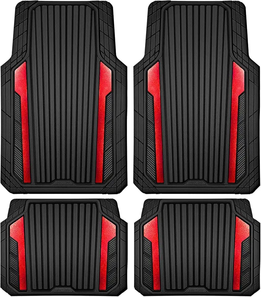 CAR PASS Heavy Duty Rubber Car Mats Metallic, Aluminum Film All Weather Floor Mats Waterproof Universal Trim to Fit Automotive SUV Sedan Van 4 Piece Anodized Deep Dish Two-Tone Sporty Black Red Chrome