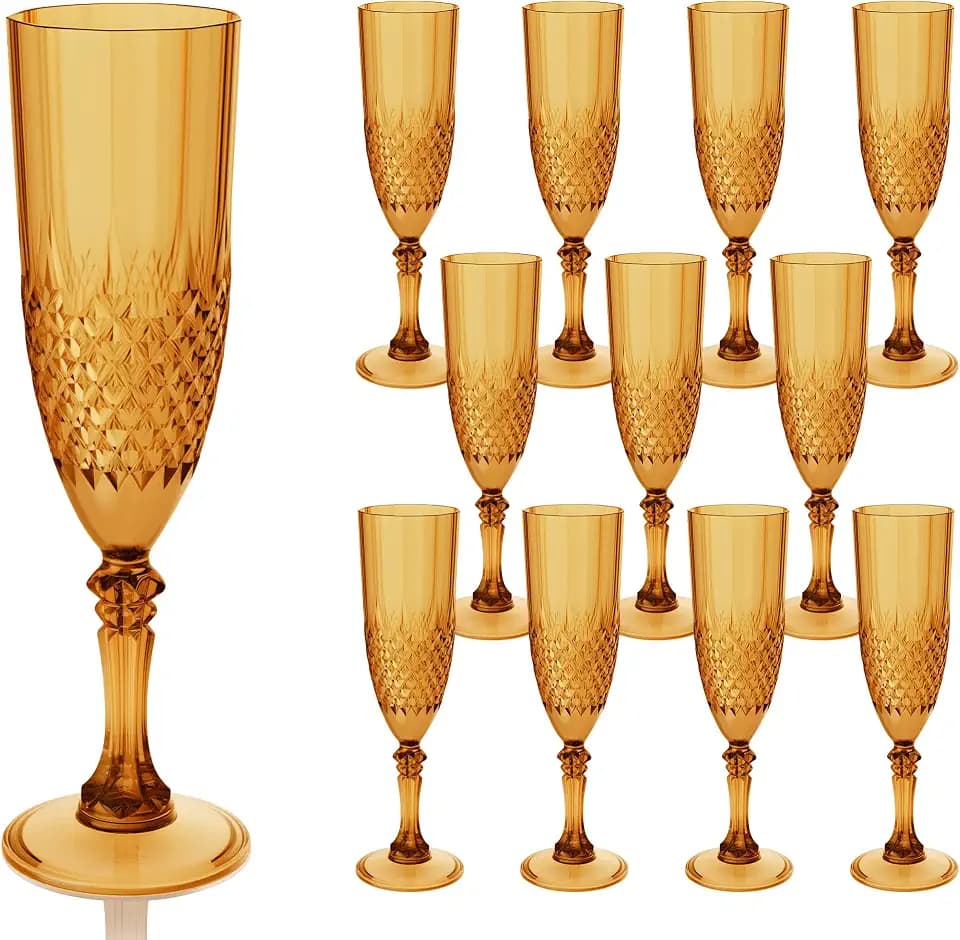 12 Pack Plastic Champagne Flutes, Amber Reusable Champagne Glass