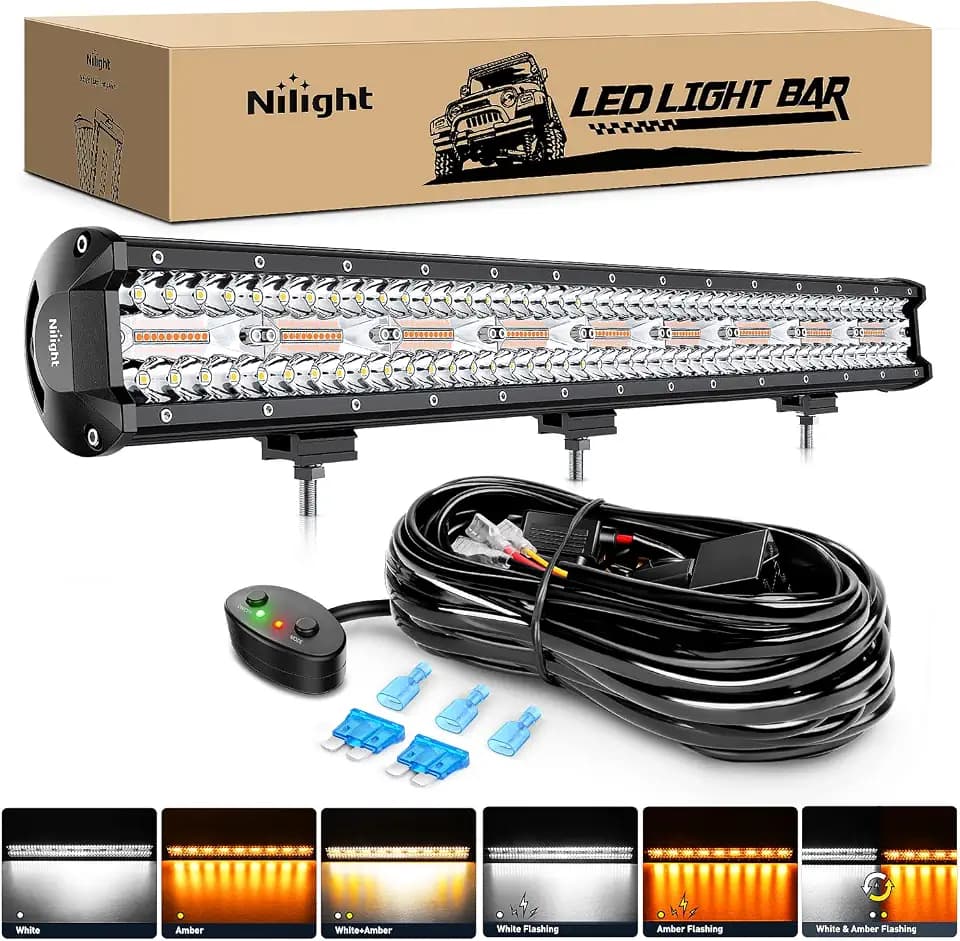 Nilight 26Inch 540W LED Light Bar Spot Flood Amber White Strobe 6 Modes with Memory Function Off-Road Truck Car ATV SUV Cabin Boat with 16AWG Wiring Harness Kit-1 Lead