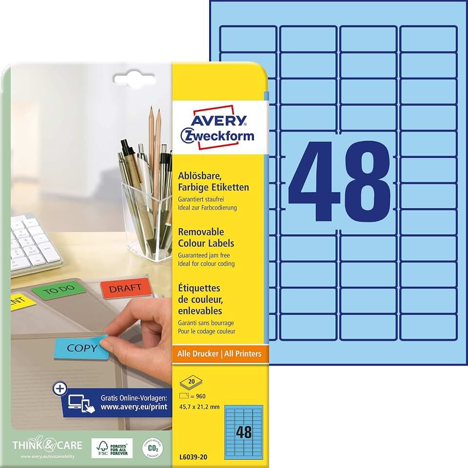 AVERY Zweckform L6039-20 Blaue Etiketten (960 Aufkleber, 45,7x21,2mm auf A4, wieder rückstandsfrei ablösbar, selbstklebende Farbetiketten, Papier matt, bedruckbare, farbige Klebeetiketten) 20 Blatt
