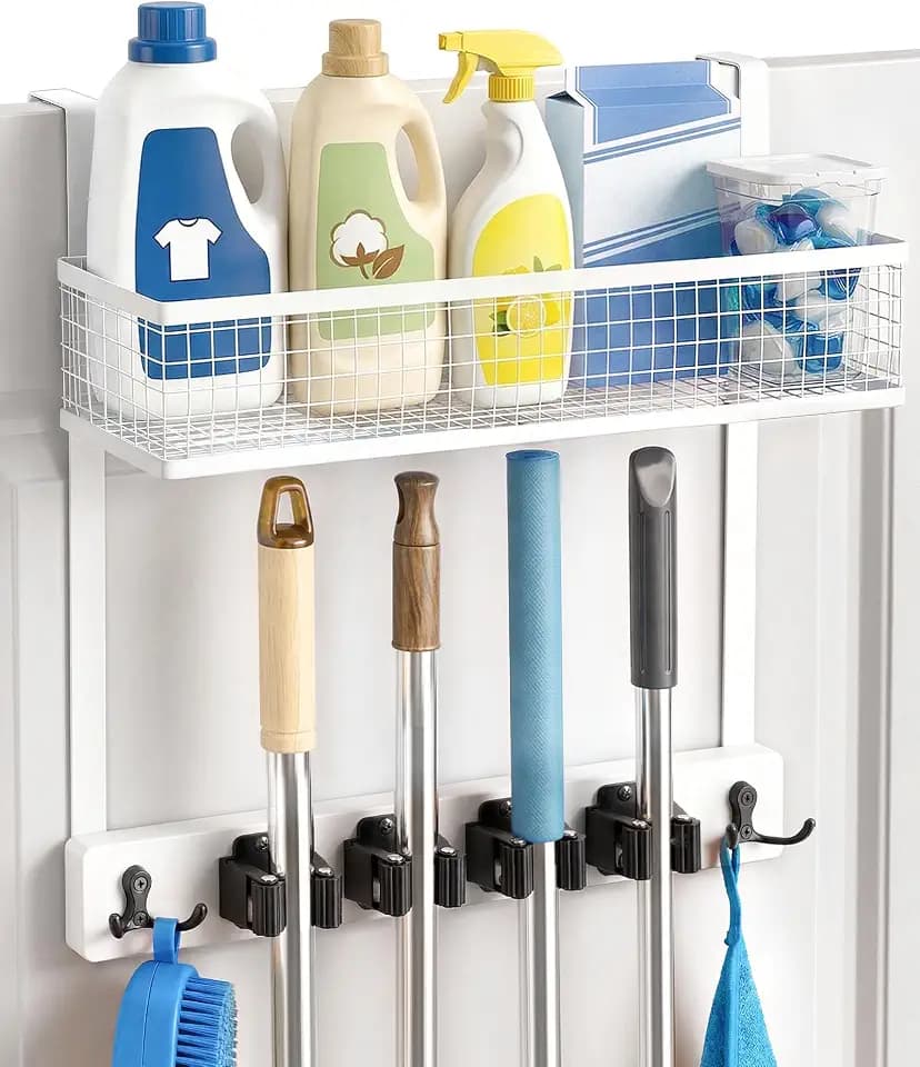 Lorbro Over the Door Broom and Mop Holder with Basket, 4 Grips and 4 Hooks