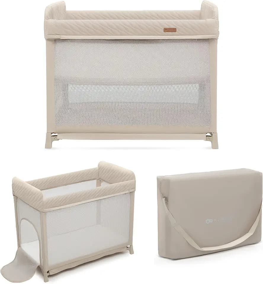 Kinderkraft Moon Dream Reisebett von der Geburt bis 3 Jahre, Zweistöckiges Babybett, mit einem Handgriff zusammenklappen, Matratze Tragetasche inklusive, Schnelle Reinigung, Beige