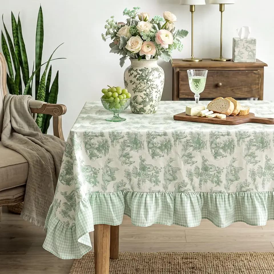 Sage Green Vintage French Country Tablecloth 60 x 120'' Ruffled Table Cloth