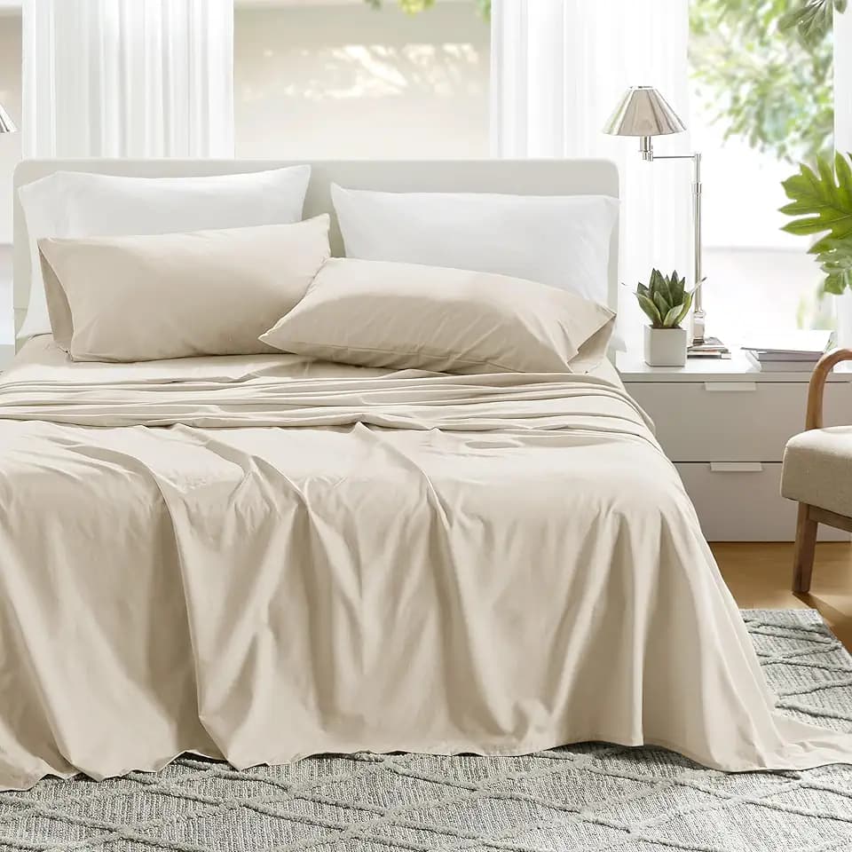 Comfort Spaces 100% Cotton Percale Sheets Queen Sheet Set 4 Pcs, Cream