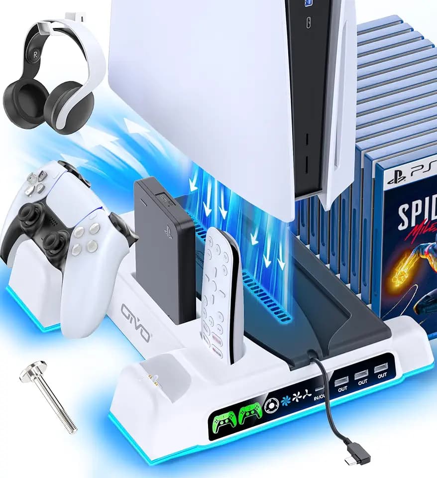 OIVO PS5/Slim/Pro Stand and Cooling Station with LED Controller Charging Station for PlayStation 5 Console, Controller Charger, Cooling Stand, PS5/Slim/Pro Accessories Kit with 3 Level Cooler Fan