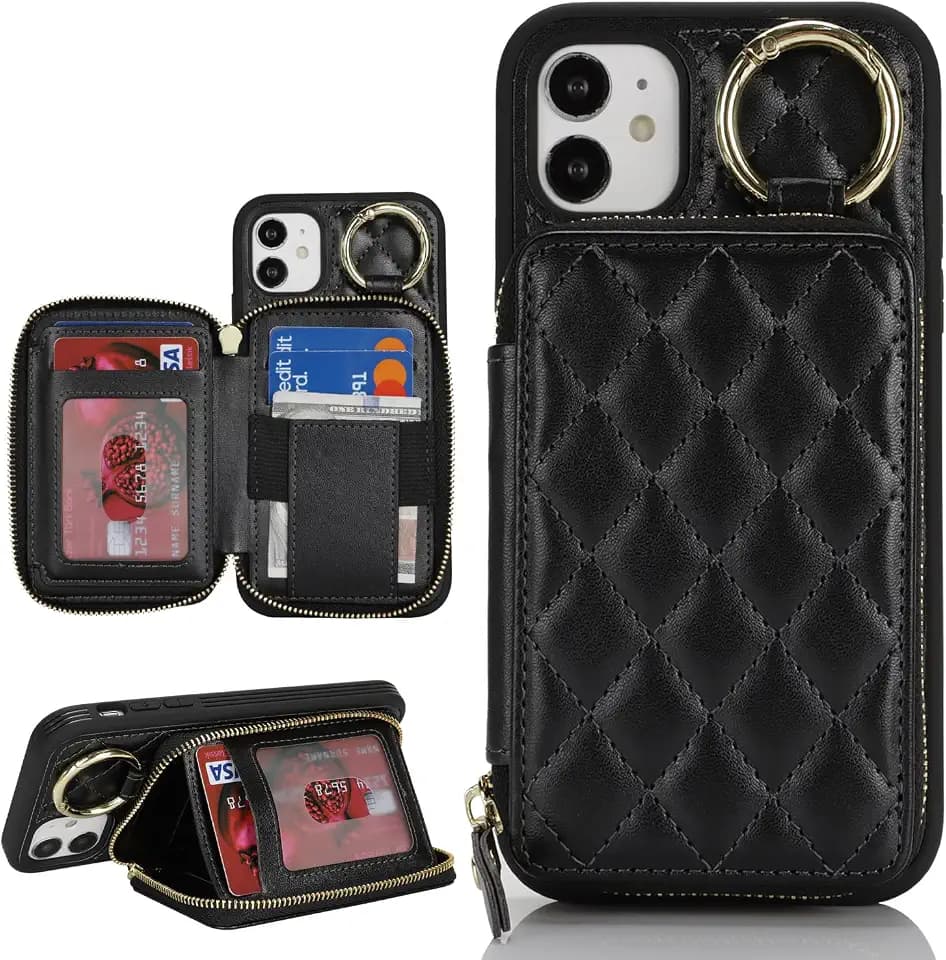 for iPhone 12 Case Wallet with Card Holder-Black