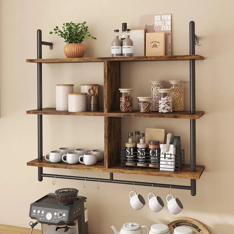 Bestier 105.5 cm 3-stufiges schwebendes Rohrregal, industrielles wandmontiertes Leiterregal mit Rundrohr und Haken, Holzregal für Dekoration und Aufbewahrung (Braun, 105.5cm)