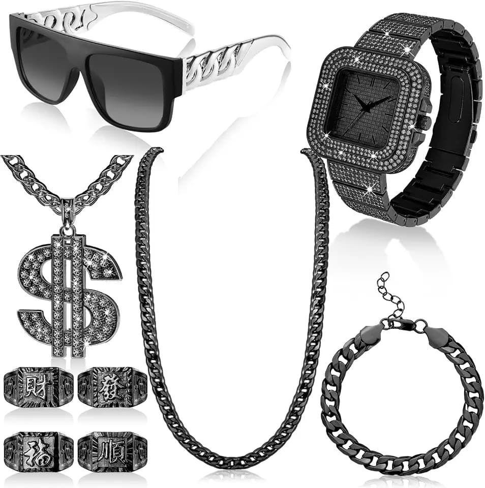 Equsion 9 Pcs Hip Hop Jewelry Set for Men Halloween Costume, Black, Square