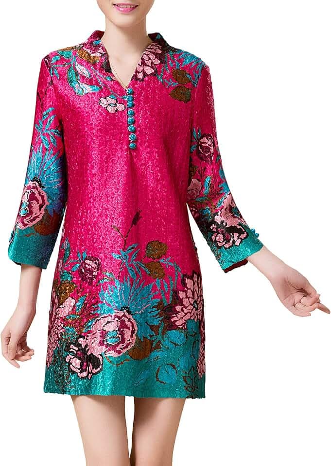 Women’s Crinkle Texture Floral Mini Dress 3/4 Sleeves V-Neck with Chinese Frog Closures
