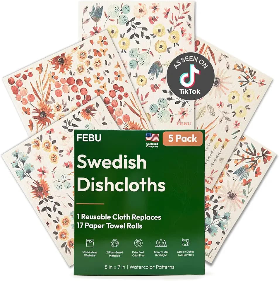 FEBU Swedish Dishcloths for Kitchen, 5 Pack, Watercolor Floral