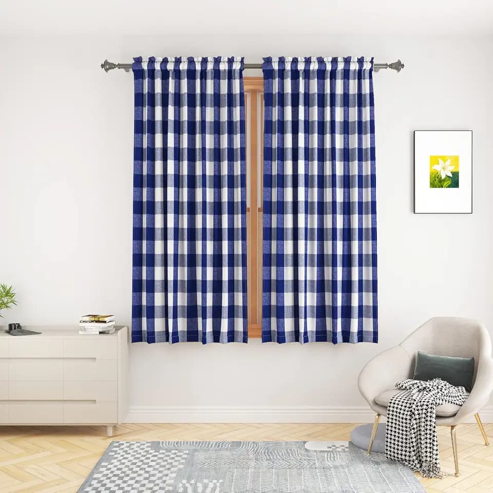 UPOPO Buffalo Check Window Curtains 54 inches Long Living Room Bedroom Cotton Plaid Gingham Farmhouse Rustic Decor Curtains 2 Panels Rod Pocket Kitchen Basement Curtain Panels Navy Blue White 52"x54"