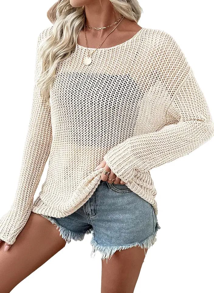 EVALESS Womens Crochet Sweaters Hollow Out Knit Tops