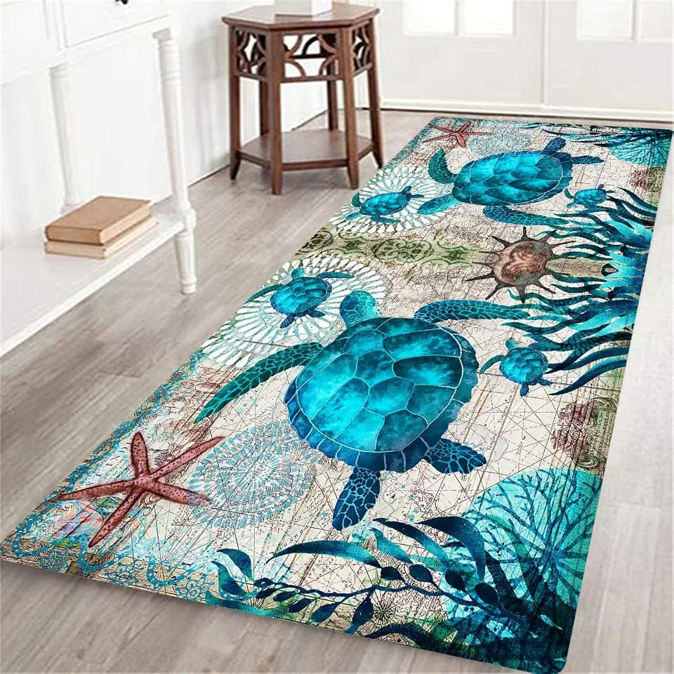 Coastal Runner Rug for Hallway 2x6 Sea Turtle Hallway Rugs Teal