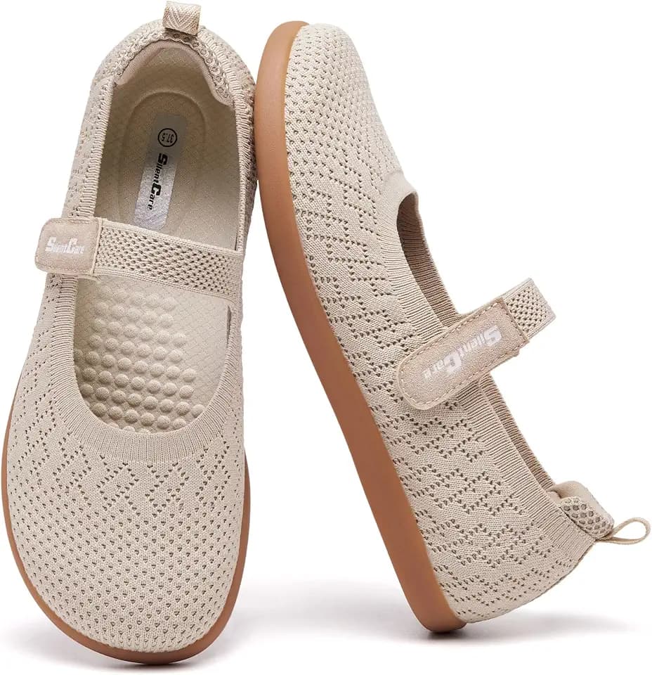 SILENTCARE Women's Barefoot Ballet Flats Wide Toe Box Mary Jane Shoes Zero Drop Sole with Adjustable Straps Minimalist Knit Size 7.5 Width Casual Walking Ballerina Indoor Outdoor Washable Beige