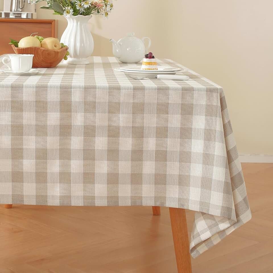 Alsoo Checkered Tablecloth Rectangle Washable Buffalo Plaid Table Cloth Cotton Linen Gingham Table Cover for Picnic Kitchen Dining Room, Beige and White, 60 * 120