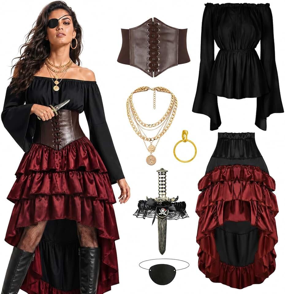 CICOCI Pirate Costume Women Outfits Renaissance Corset Steampunk Skirt Top Pirate Accessories Full Halloween Costume
