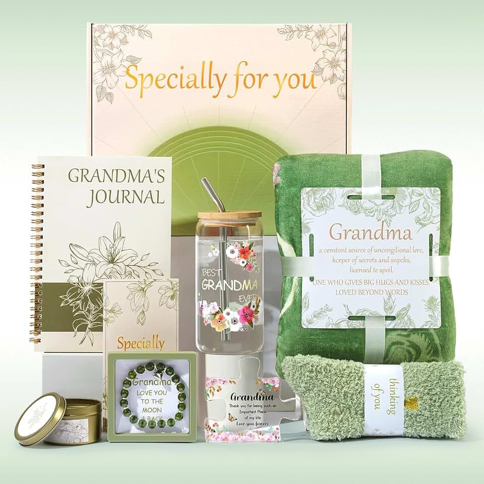9Pcs Grandma Birthday Gift Basket from Granddaughter & Grandkids with Cozy Blanket