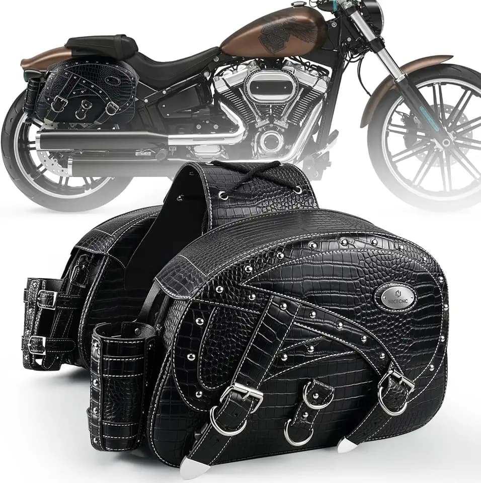 NICECNC Motorcycle Saddlebags Leather, 35L Large Capacity Throw Over Saddle Bags Motorcycle Side Luggage Bags with Cup Holders, Compatible with Sportster Softail Dyna Shadow Road King, 2PCS
