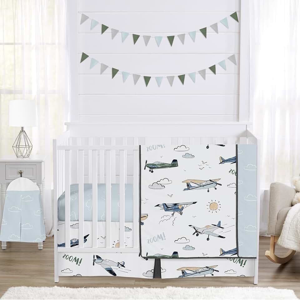 Sweet Jojo Designs 4-Piece Baby Crib Bedding Set (Vintage Airplane) for Boys, Infants/Nursery incl. Blanket, Fitted Sheet, Skirt, Diaper Stacker (Blue, Green, Grey, Airplanes, Transportation, Clouds)