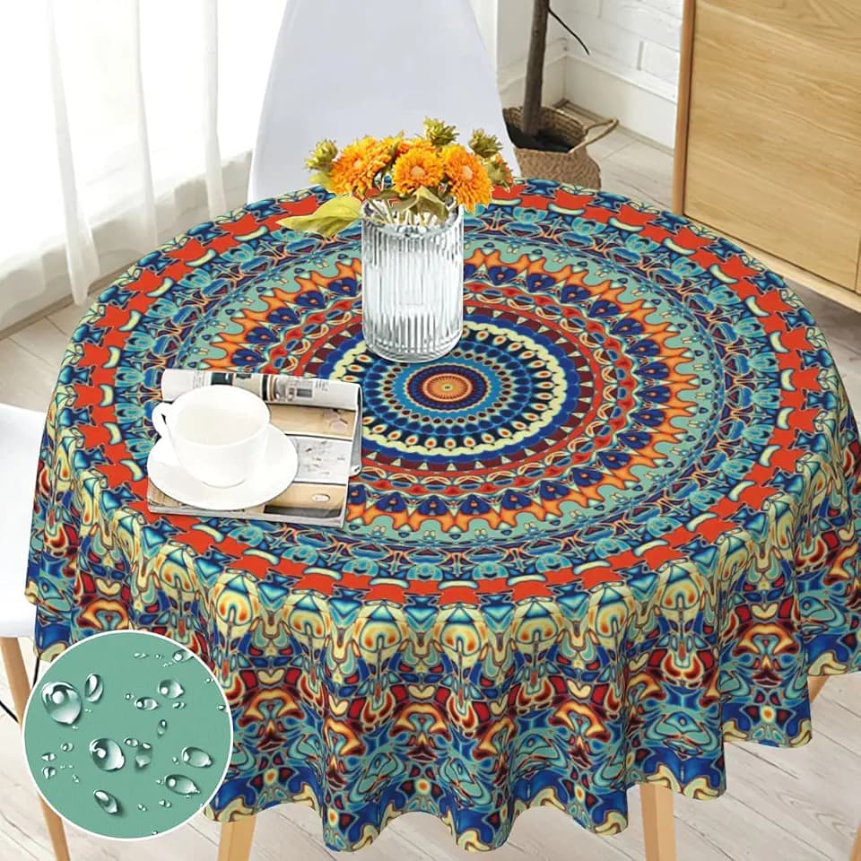 Boho Round Tablecloth 70 inch, Stain Resistance, Waterproof, Wrinkle-Free
