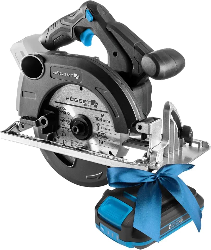 HÖGERT TECHNIK Akku-Handkreissäge 18V, bürstenloser Motor, kabellos, 0-5000 U/min, 165mm Scheibendurchmesser, werkzeuglose Einstellungen, LED, Aluminium-Schutz + PROMO 2,0 Ah