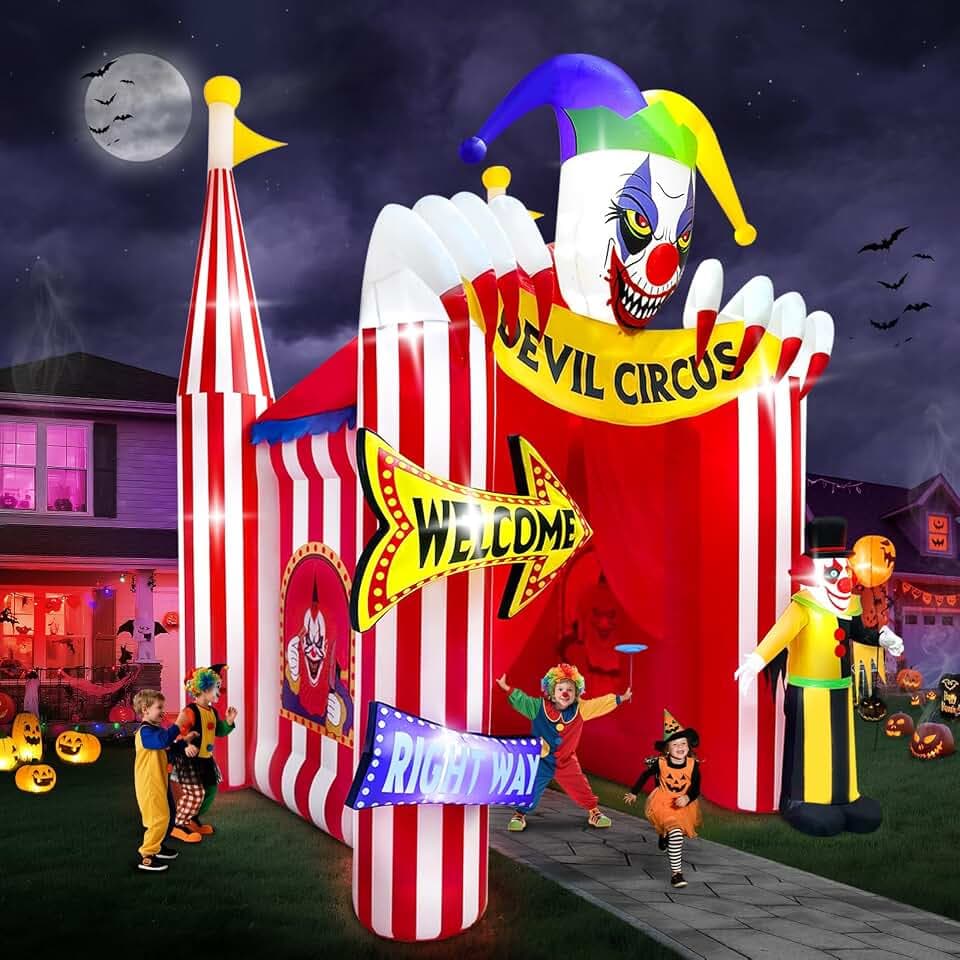 EBANKU 12FT großer aufblasbarer Halloween Torbogen, Clown Zirkus Spukhaus, riesiger aufblasbarer Clownbogen mit eingebauten Lichtern, gruselige Halloween Dekoration für draußen Garten Rasen