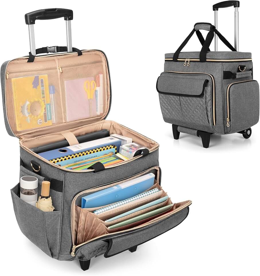 LUXJA Rollende Lehrertasche mit Laptopfach und abnehmbarem Dolly, multifunktionale Rollaktentasche mit Akkordeon-Aktenbereich (zum Patent angemeldet), Grau, 15.75 x 9 x 14.25 inches