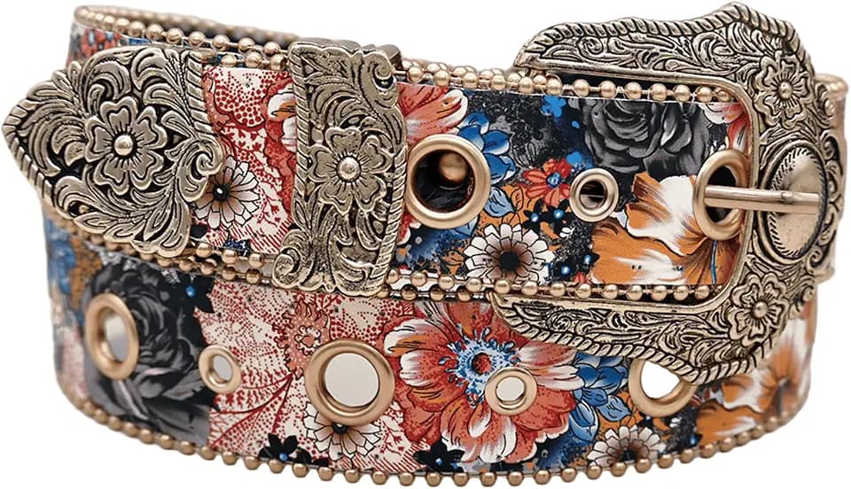 Women's Floral Western Belts W/Vintage Carved Buckle Festival Cowgirl Belt for Country Jeans Waist 25-40"