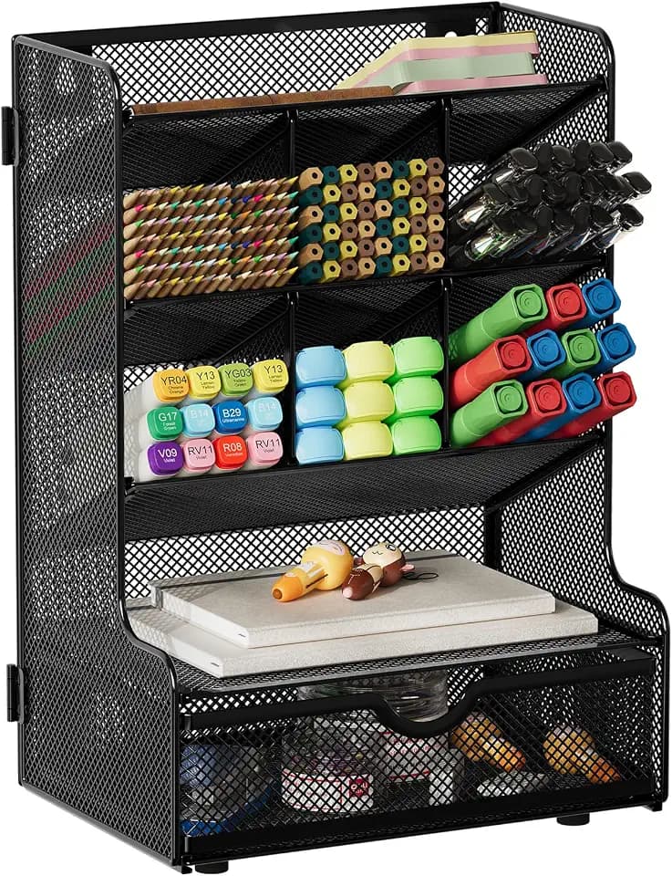 EasyPAG 9 Fächer Metall Zusammensetzen Schreibtisch Organizer Stiftehalter Stiftköcher Vielseitig Utensilienschalen Büro Organisation Zubehör Ablage mit Schublade,Schwarz