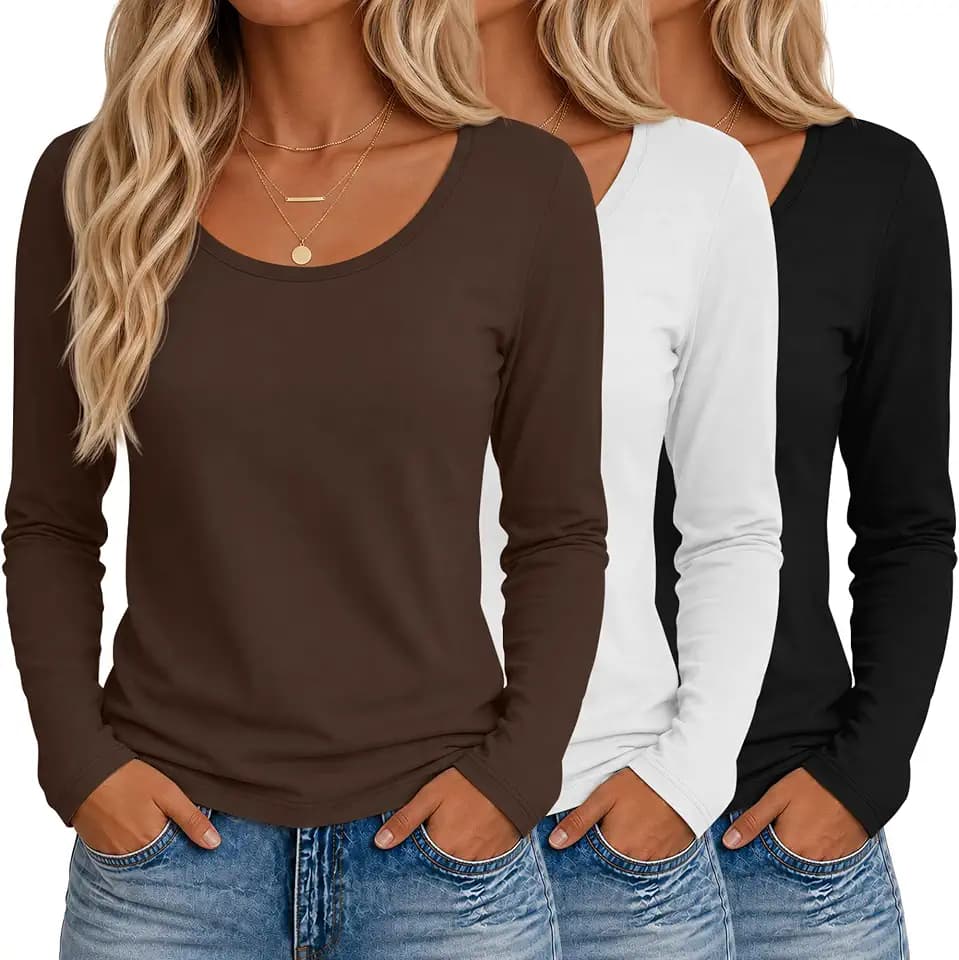 Ficerd 3 Pack Womens Long Sleeve Tops Scoop Neck Shirts