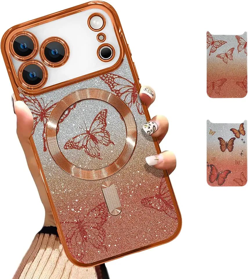 Glitter Phone Case for iPhone 17 Pro Max 6.9 Inch, Orange Butterfly
