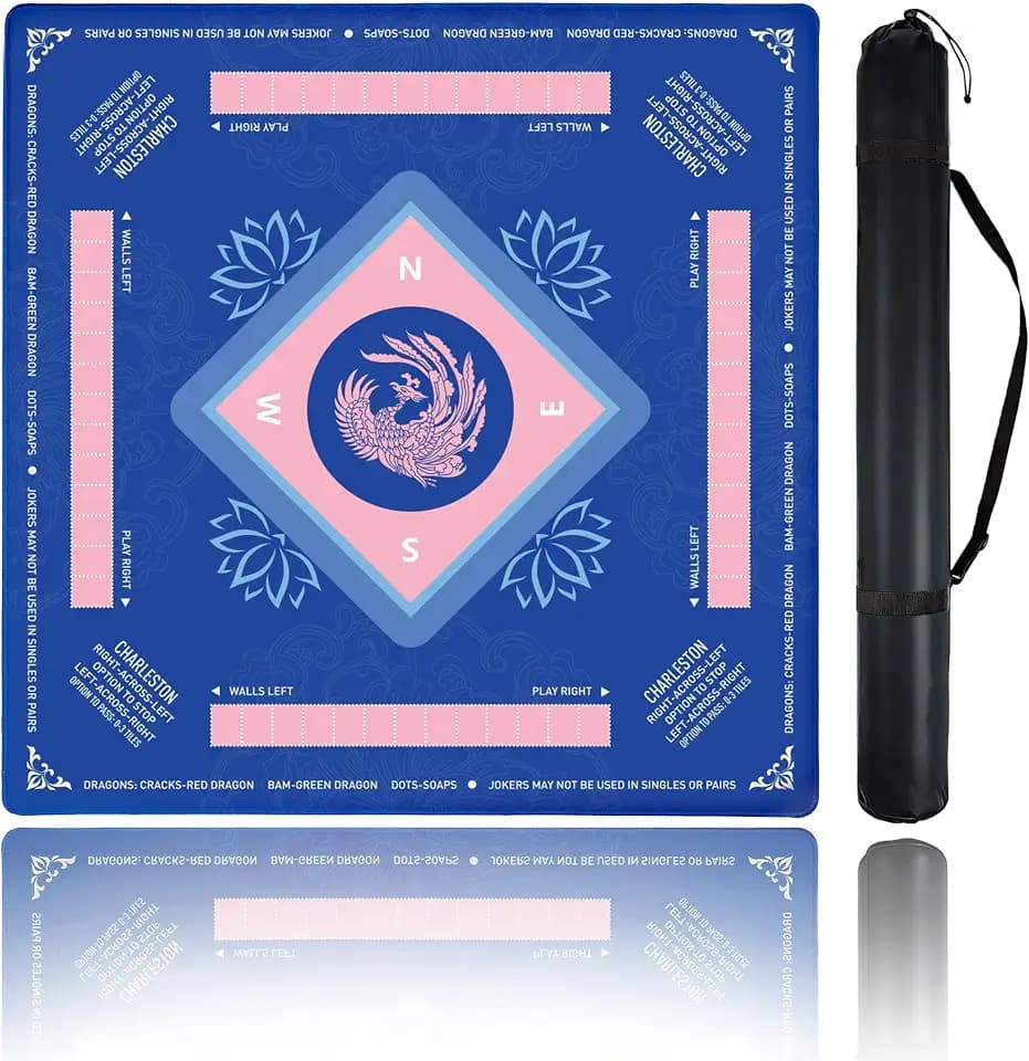 Mahjong Mat for Table,CUFURNIX 31.5''x31.5'' Non-Slip & Noise Reduction Mahjong Mat with Rules,Mah Jongg Gift with Carrying Bag for Poker,Board Games,Dominoes,Cards & Tile Games (Blue-Pink)