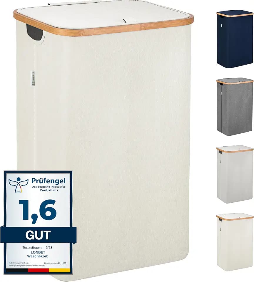 LONBET Wäschekorb mit Deckel 100L Groß - Stilvoller Wäschesammler Atmungsaktiv mit Stabilem Bambus-Rahmen - inklusive Herausnehmbarem Wäschesack Waschbar - Laundry Baskets Wasserdicht | Beige