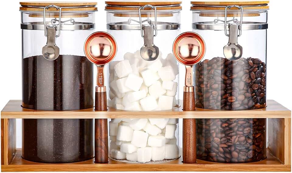 Glass Coffee Storage Container with Bamboo Shelf, 3PCS 49oz Airtight Sealed Coffee Bean Jar with Clamp Lid & Measuring Spoon, Kitchen Pantry Canister Set for Ground Coffee Sugar Tea Flour