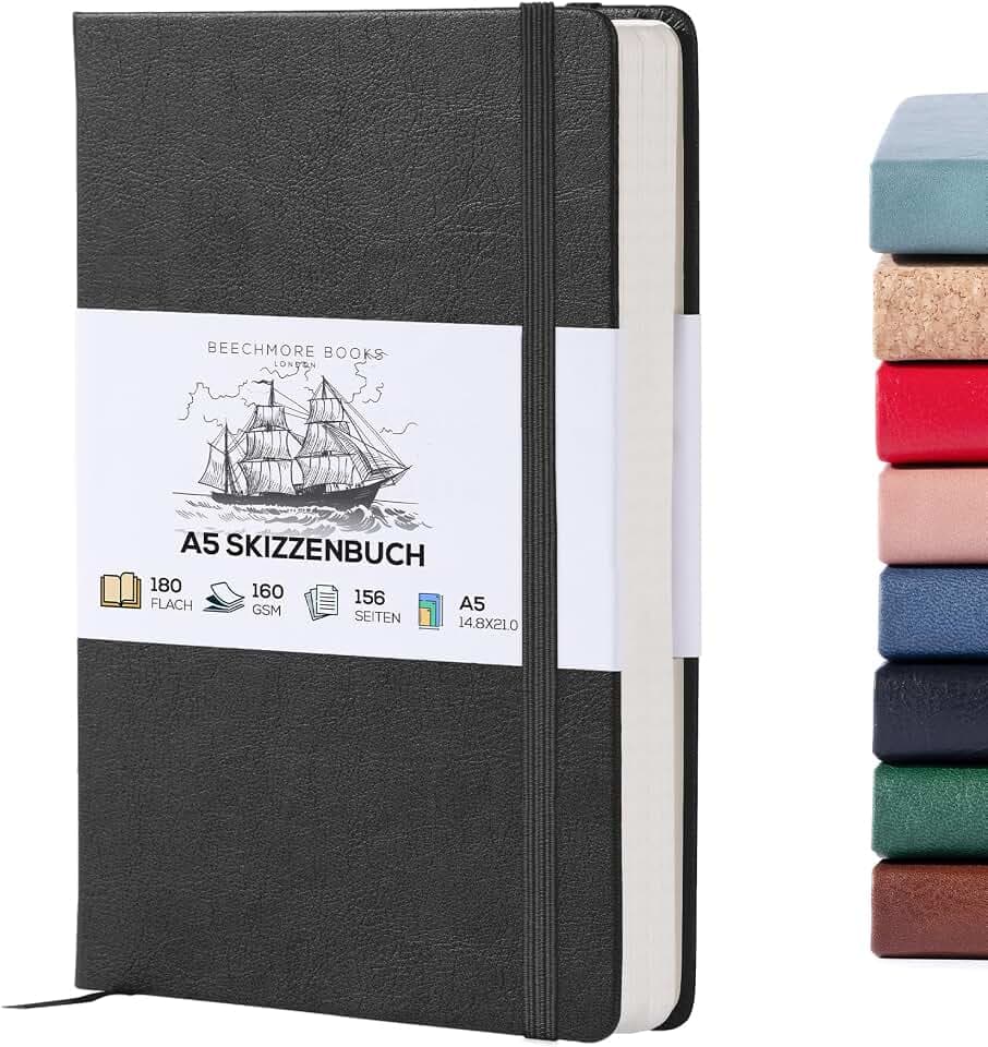 BEECHMORE BOOKS Skizzenbuch A5 (14,8 x 21) – Hardcover aus Veganleder, 156 Seiten 160 g/m² | Perforiert, Lay-Flat, Geschenkbox, Skizzenblock für Zeichnen, Malen, Mixed Media